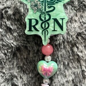 RN Caduceus Badge Reel with Mint & Pink Heart Charm